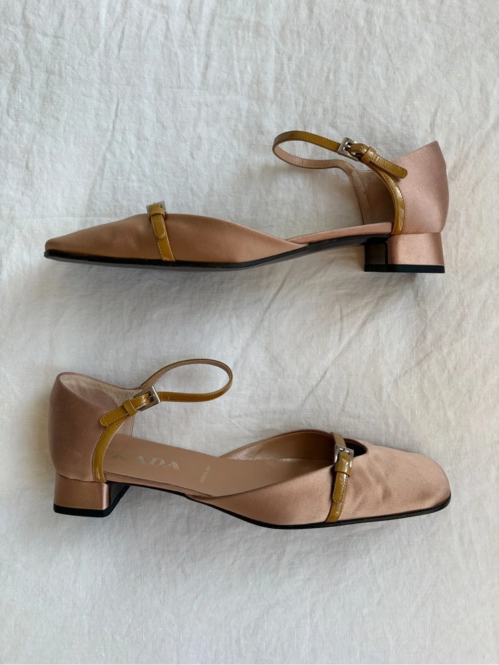 Vintage Prada Satin Buckle Patent Leather Mary Jane Sandals Flats Heels Pink Tan